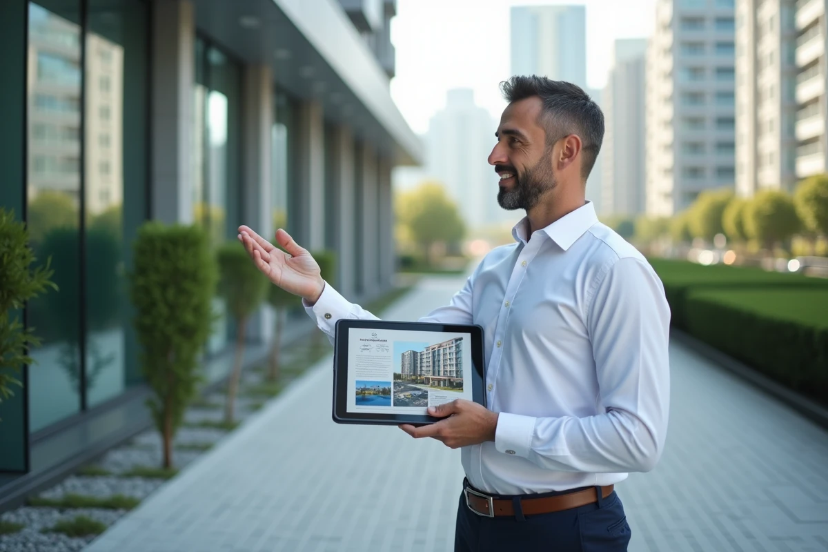 Agent immobilier tenant une tablette devant un immeuble résidentiel moderne en ville