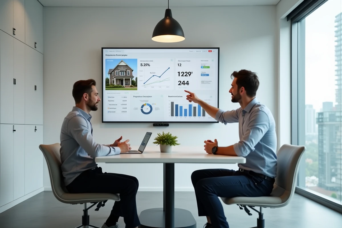 Agent immobilier présentant un tableau de bord interactif de services innovants à un client lors d'une consultation dans un espace moderne