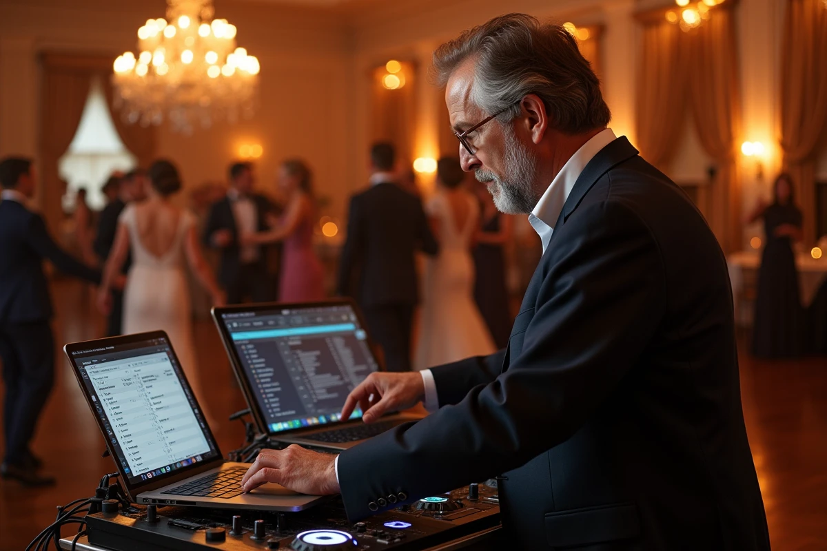 Un DJ professionnel gère l'animation musicale d'un mariage derrière sa console avec une liste de morceaux organisée par tranches horaires affichée