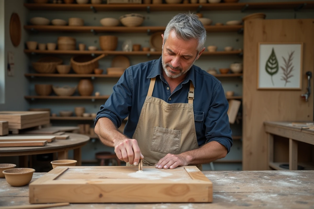 Artisan bordelais façonnant une étagère en bois dans un atelier de décoration artisanale à Bordeaux
