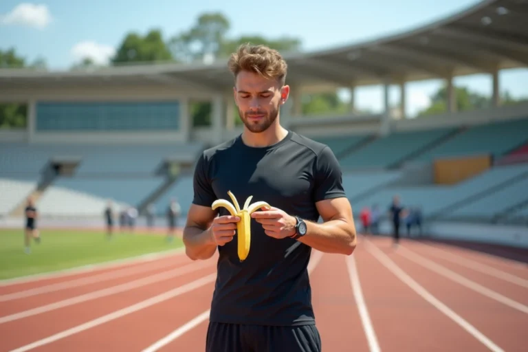 Jeune homme sportif mangeant une banane sur la piste