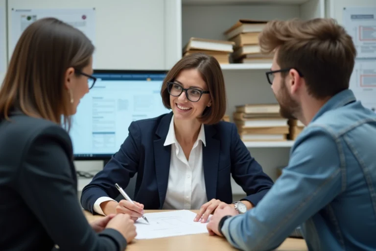 Conseillère en logement expliquant le processus d'attribution d'un logement social à un jeune couple dans un bureau municipal