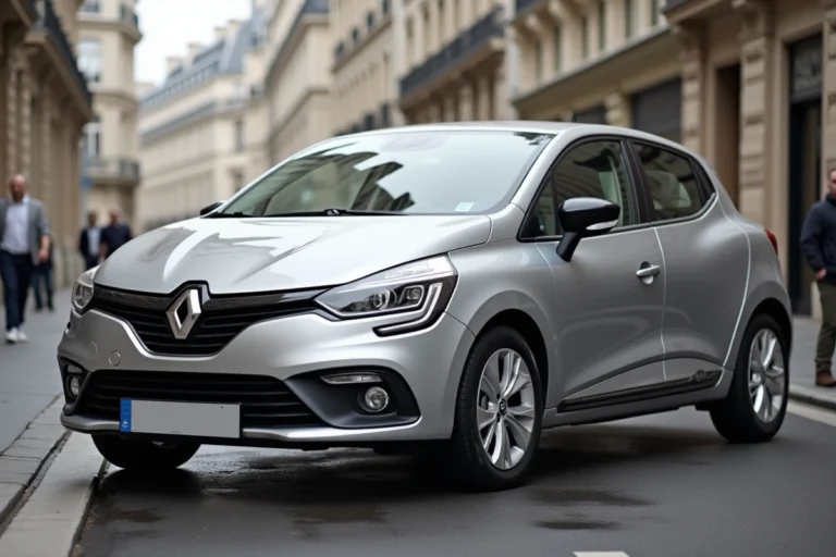 Berline compacte 6 chevaux fiscaux garée dans une rue parisienne, vue de trois quarts avant