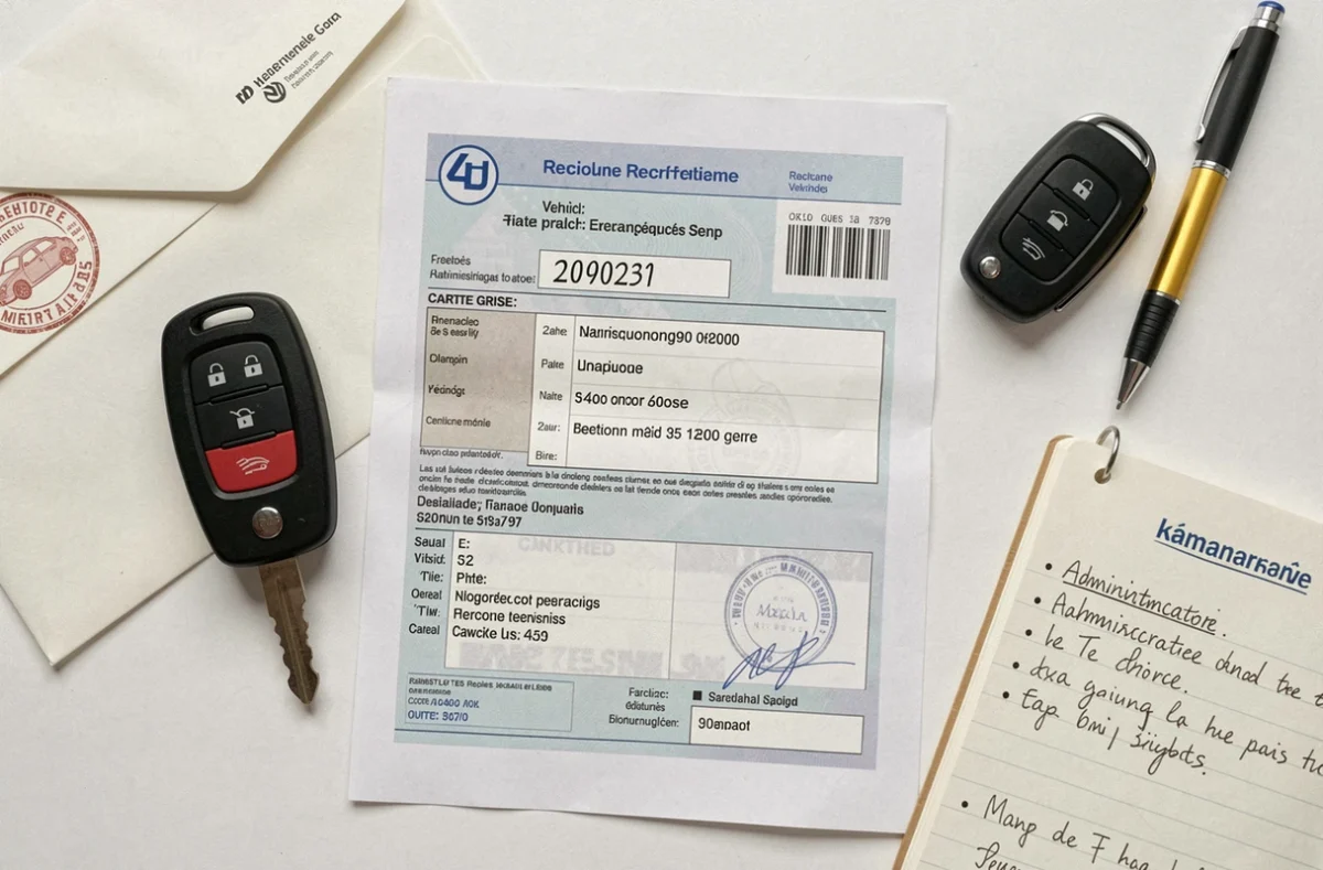Vue du dessus d'une carte grise française avec une clé de voiture et des documents administratifs