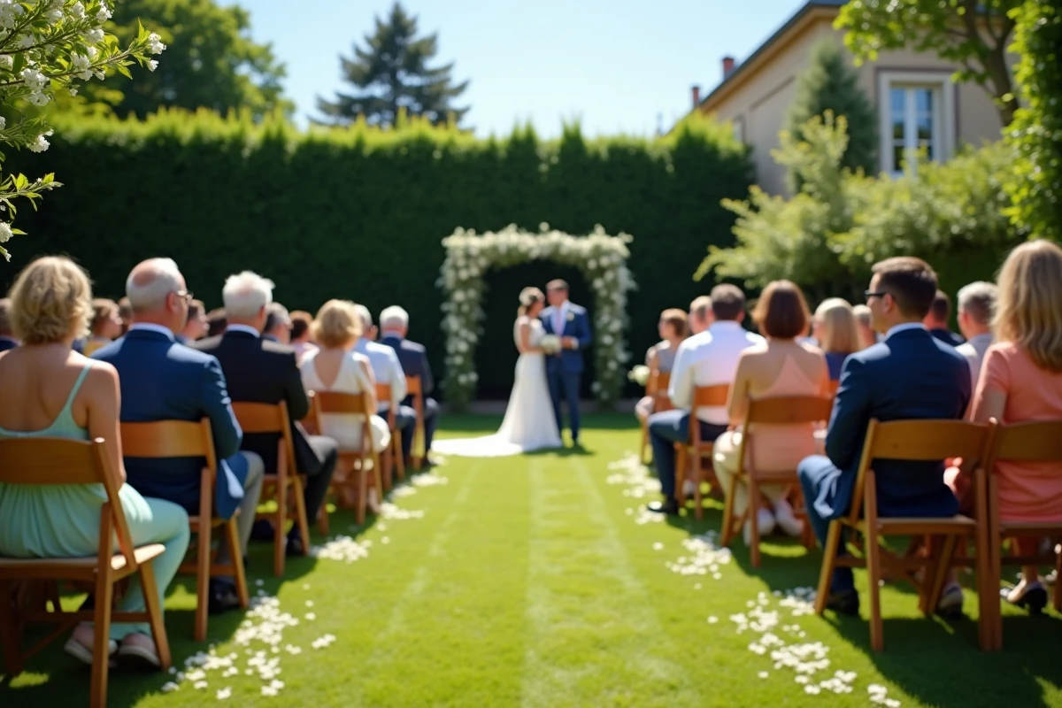 Une cérémonie de mariage en plein air sans téléphone avec un panneau en bois à l'entrée demandant aux invités de ne pas utiliser leurs appareils