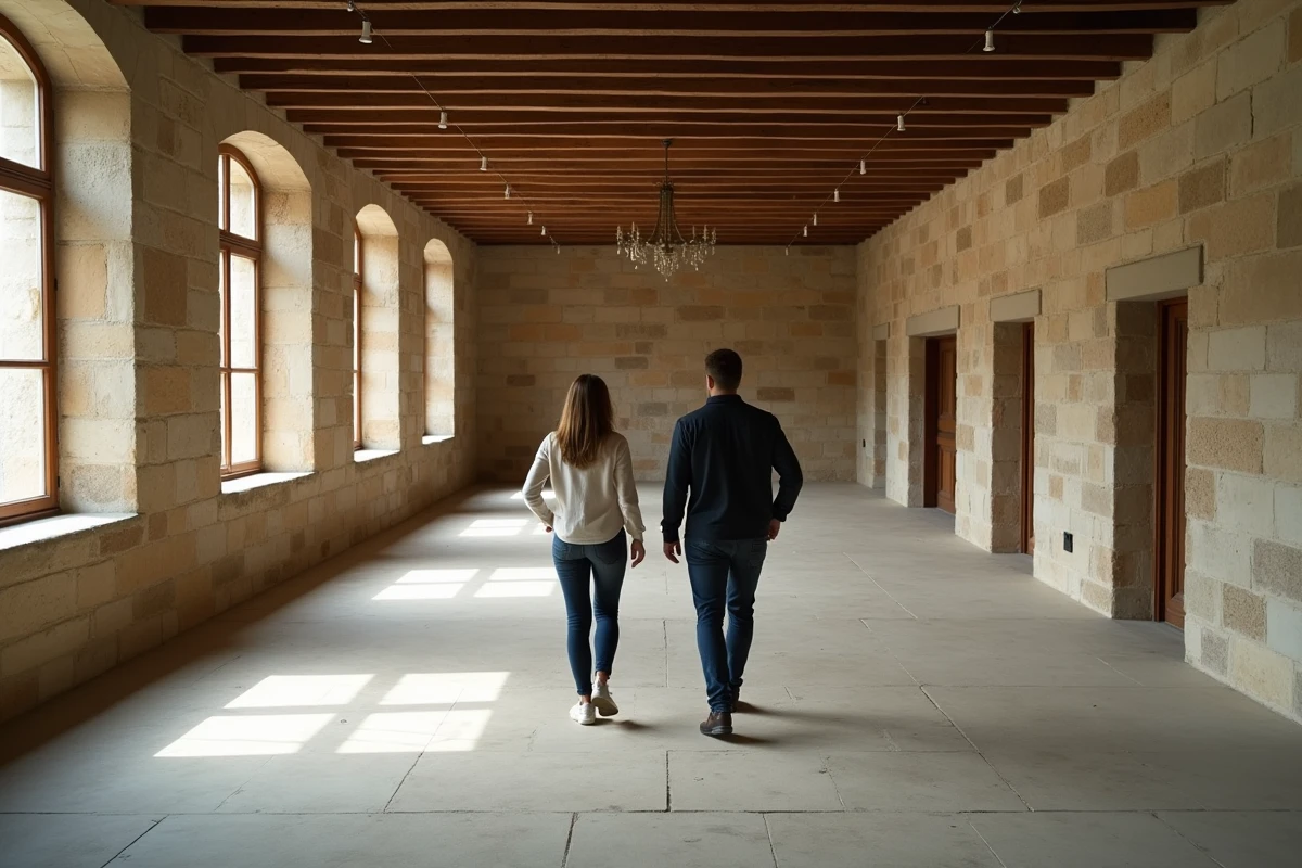Un couple visite une grande salle de réception vide en pierre avec des poutres apparentes pour évaluer la logistique du lieu de mariage
