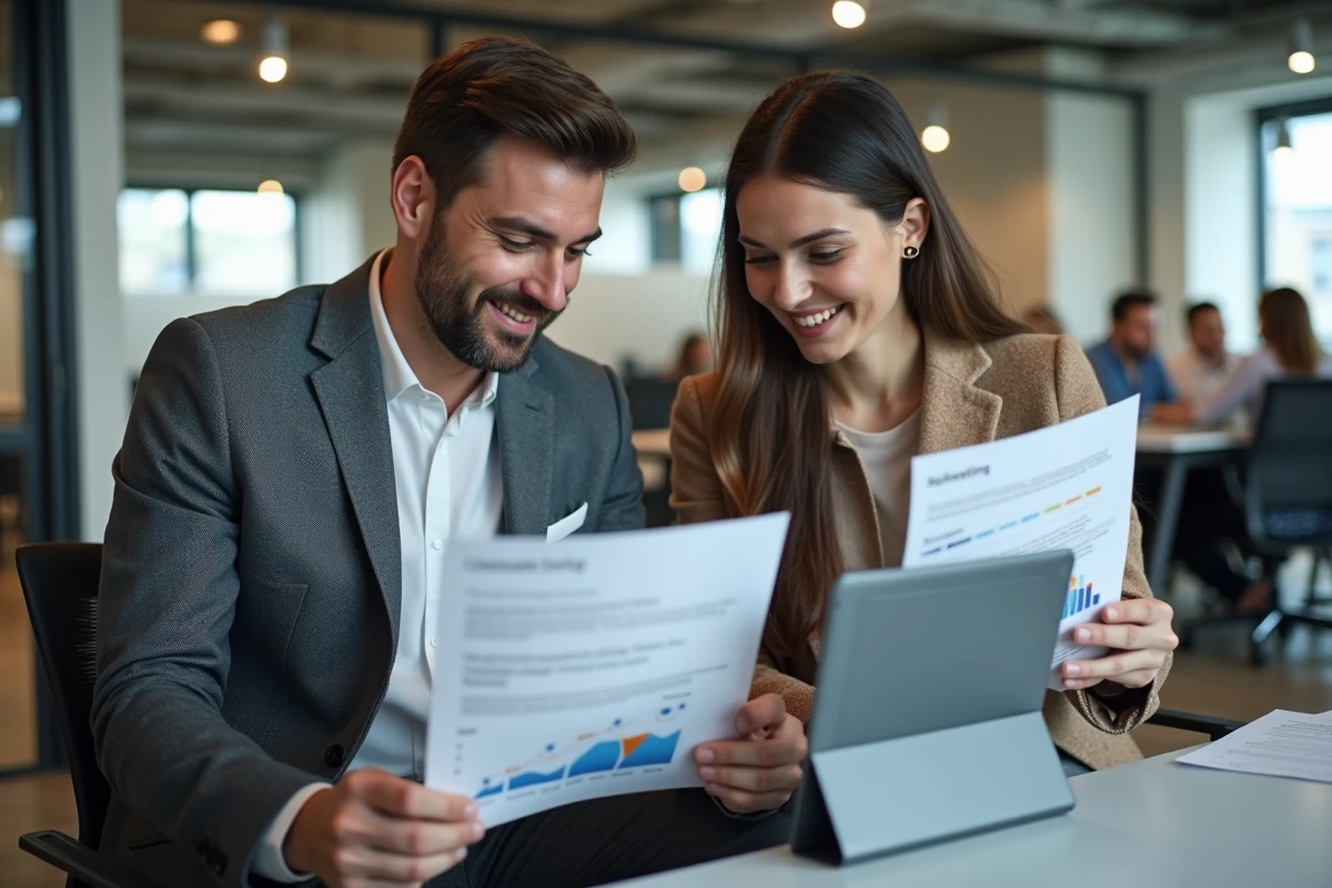 Deux professionnels du marketing collaborant sur une stratégie de netlinking avec rapports imprimés et tablette dans un espace de coworking