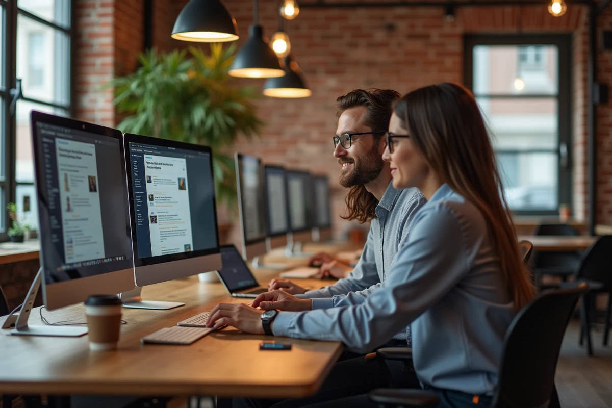 Deux collègues découvrant ensemble les actualités du site glorianet.org dans un espace de coworking