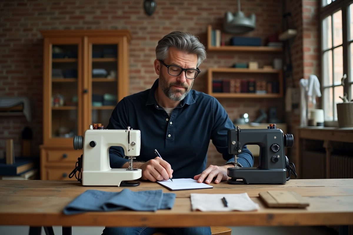 Homme comparant deux machines à coudre dans un atelier de couture professionnel avec échantillons de tissu