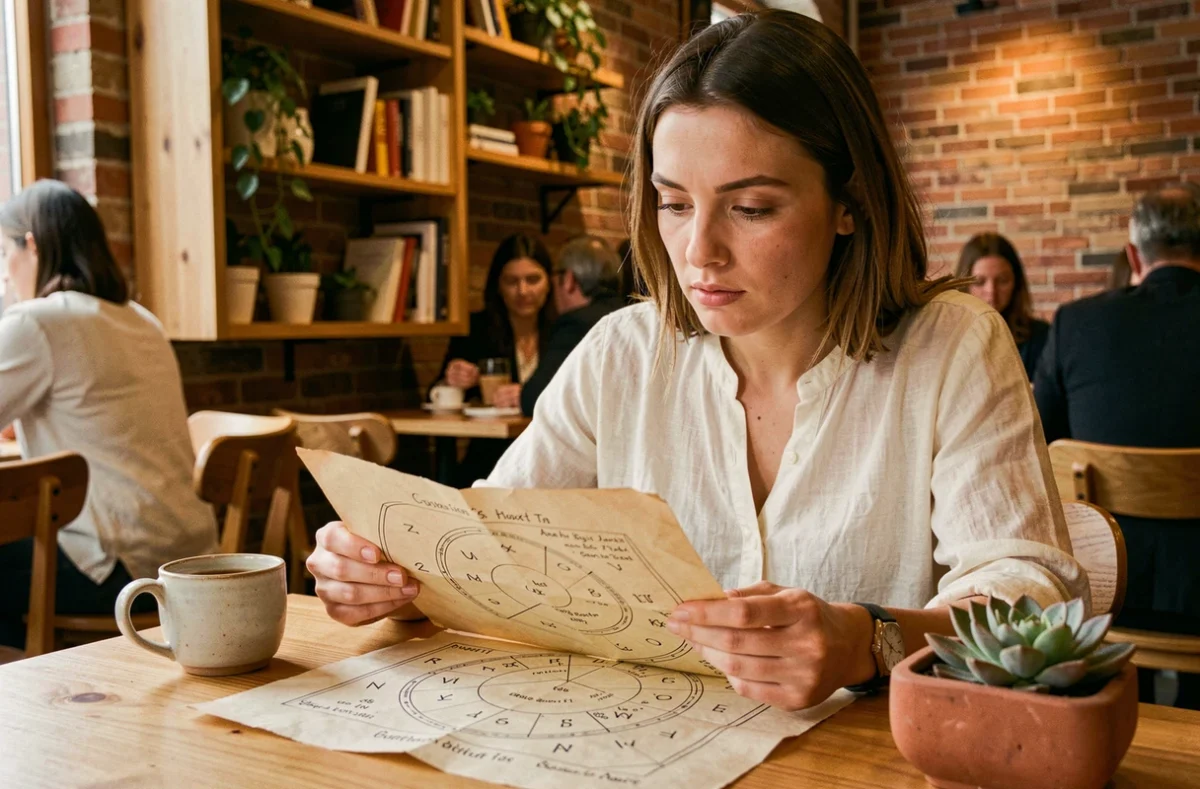 Femme étudiant un thème astral de compatibilité amoureuse dans un café chaleureux