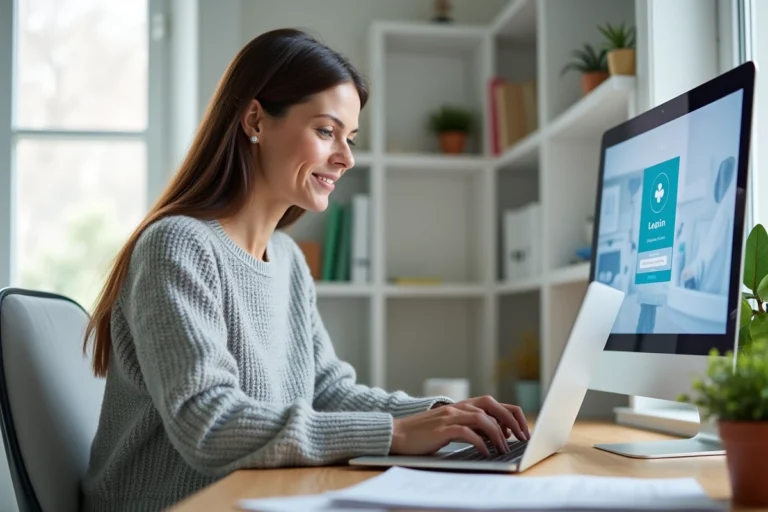 Femme connectée à son espace santé en ligne sur un ordinateur portable depuis son bureau à domicile