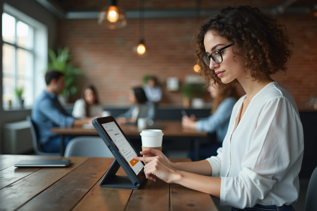 Jeune femme se connectant à son espace santé en ligne sur une tablette dans un espace de coworking