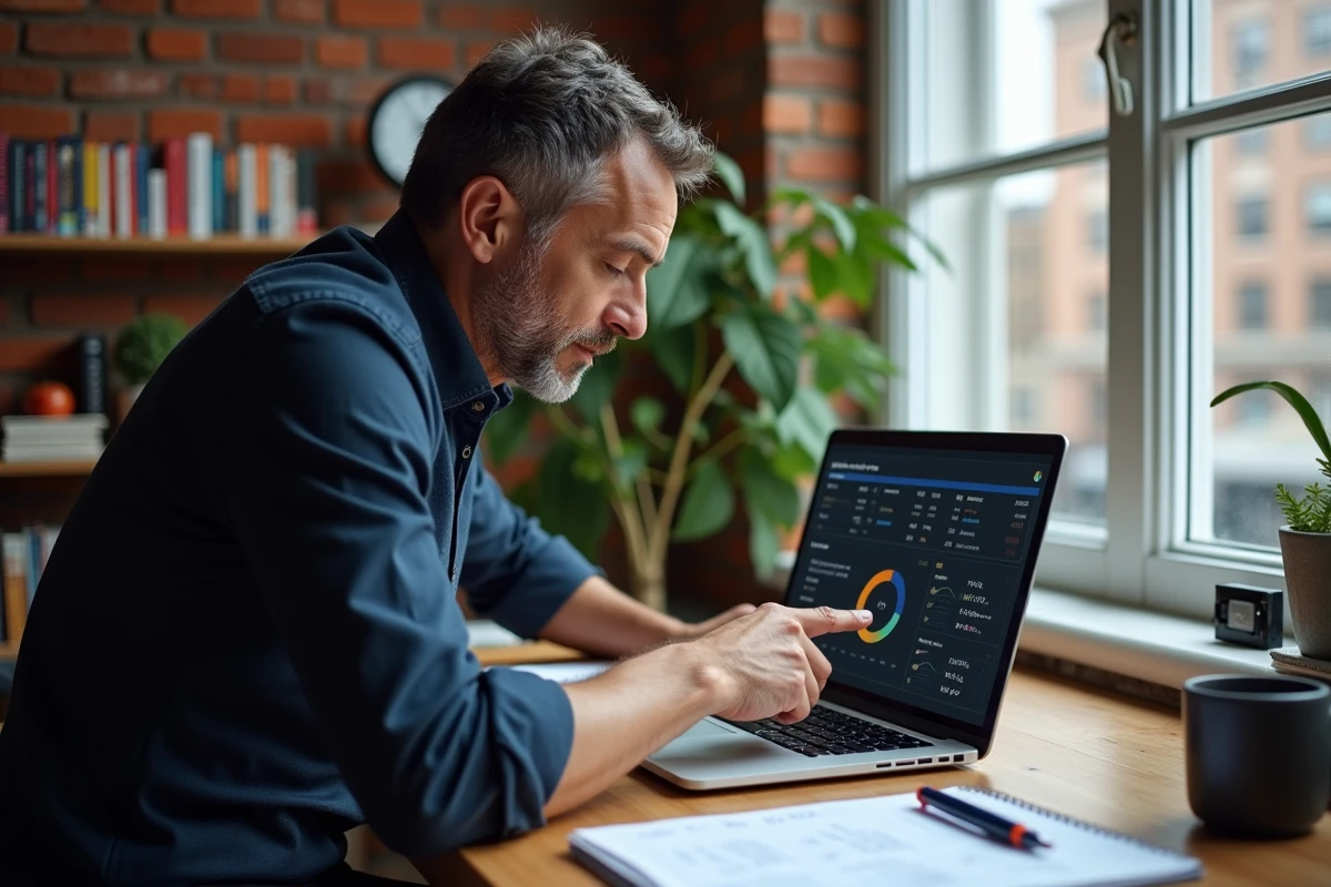 Homme consultant SEO analysant un tableau de bord d'audit de backlinks sur ordinateur portable dans un bureau à domicile