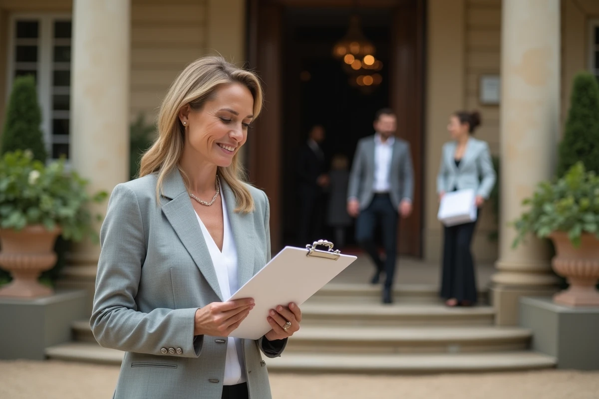 Une coordinatrice de mariage dirige les prestataires le jour J devant l'entrée d'un manoir, clipboard en main, avec une expression calme et organisée