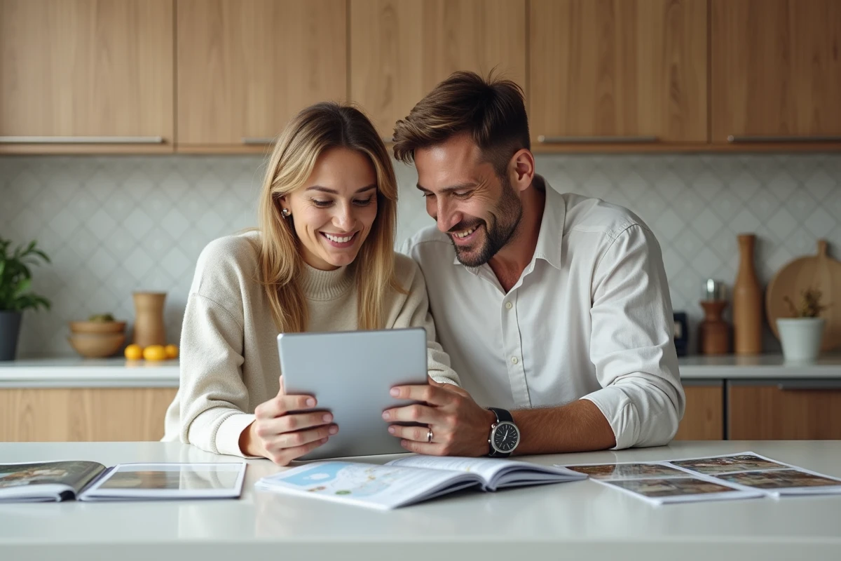 Couple consultant un site immobilier sur tablette dans une cuisine moderne scandinave