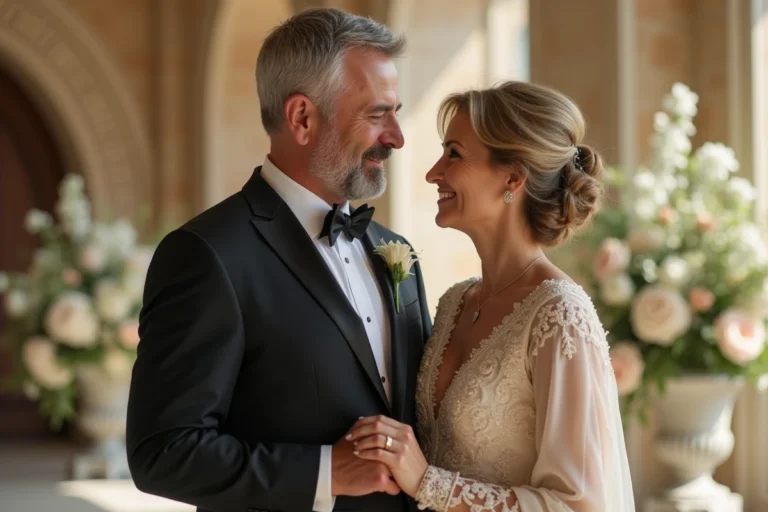 Couple élégant souriant lors d'un mariage en intérieur
