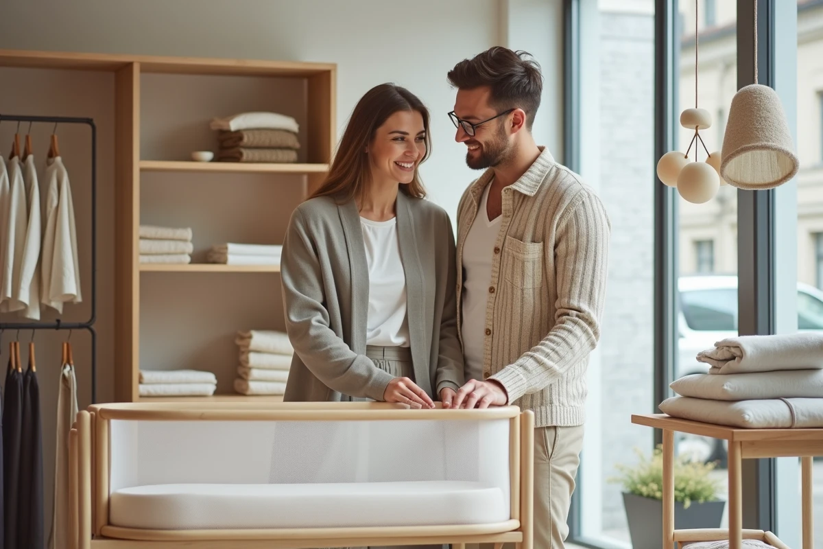 Couple de jeunes parents examinant un berceau design moderne dans une boutique de puériculture lumineuse au style scandinave