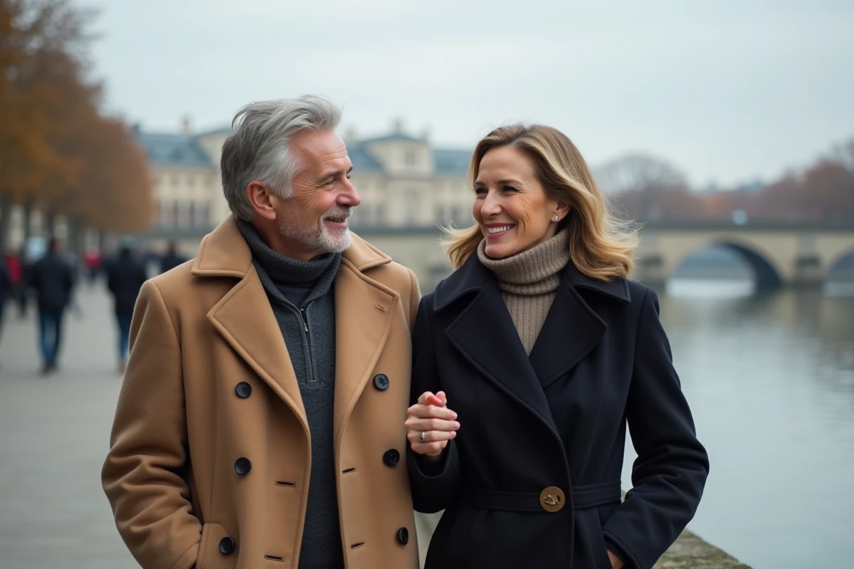 Couple élégant se promenant sur les quais de la Seine à Paris en automne, portrait de vie culturelle et amoureuse parisienne