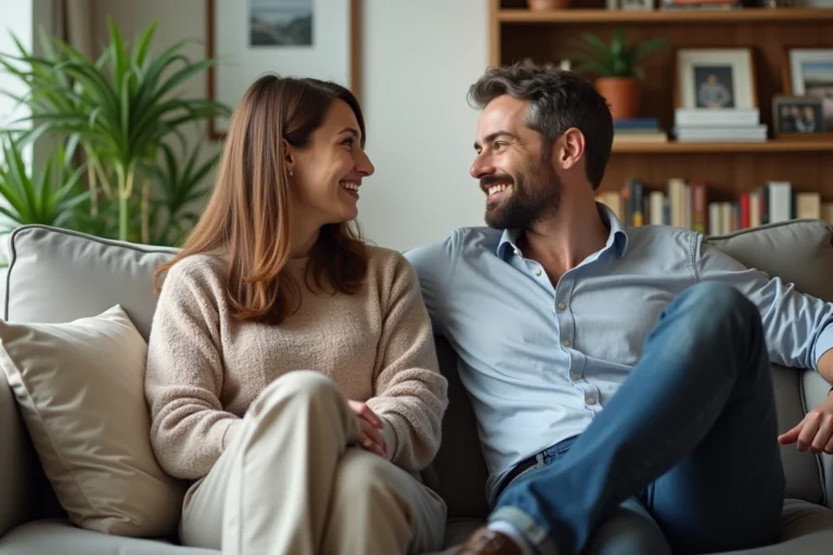 Couple dans un salon lumineux et cosy en conversation