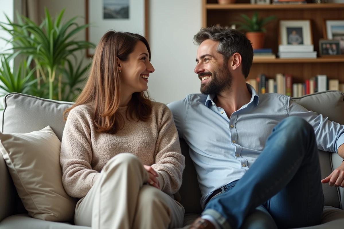 Couple dans un salon lumineux et cosy en conversation