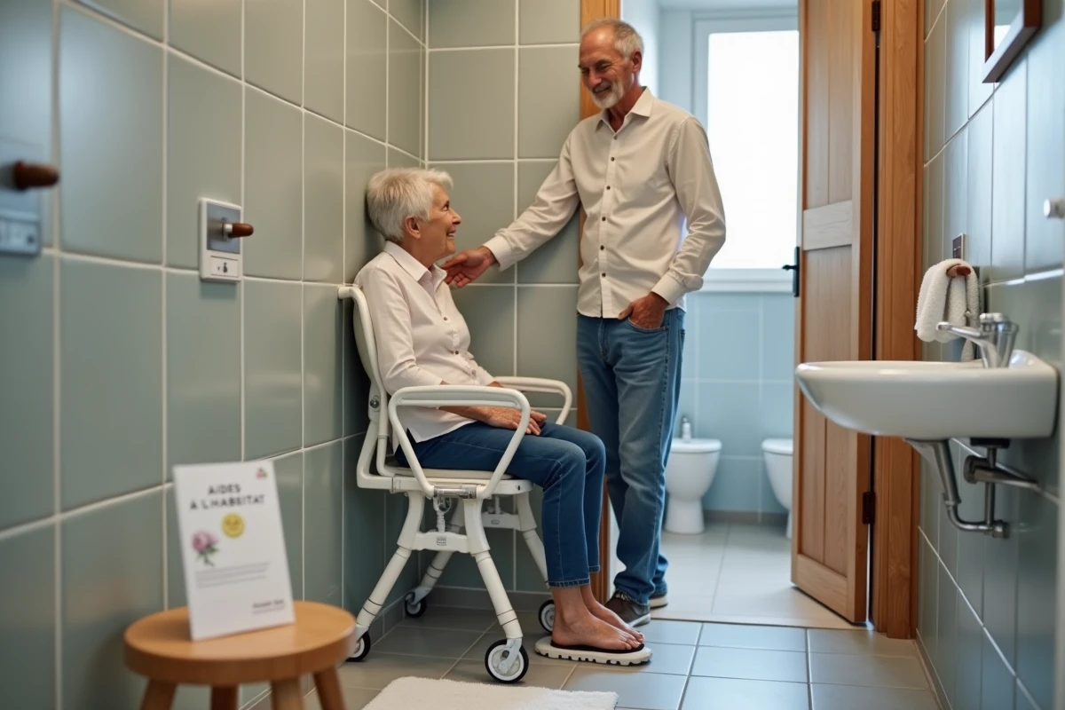 Couple de seniors dans une salle de bain adaptée avec siège de douche et brochure d'aides financières à l'habitat