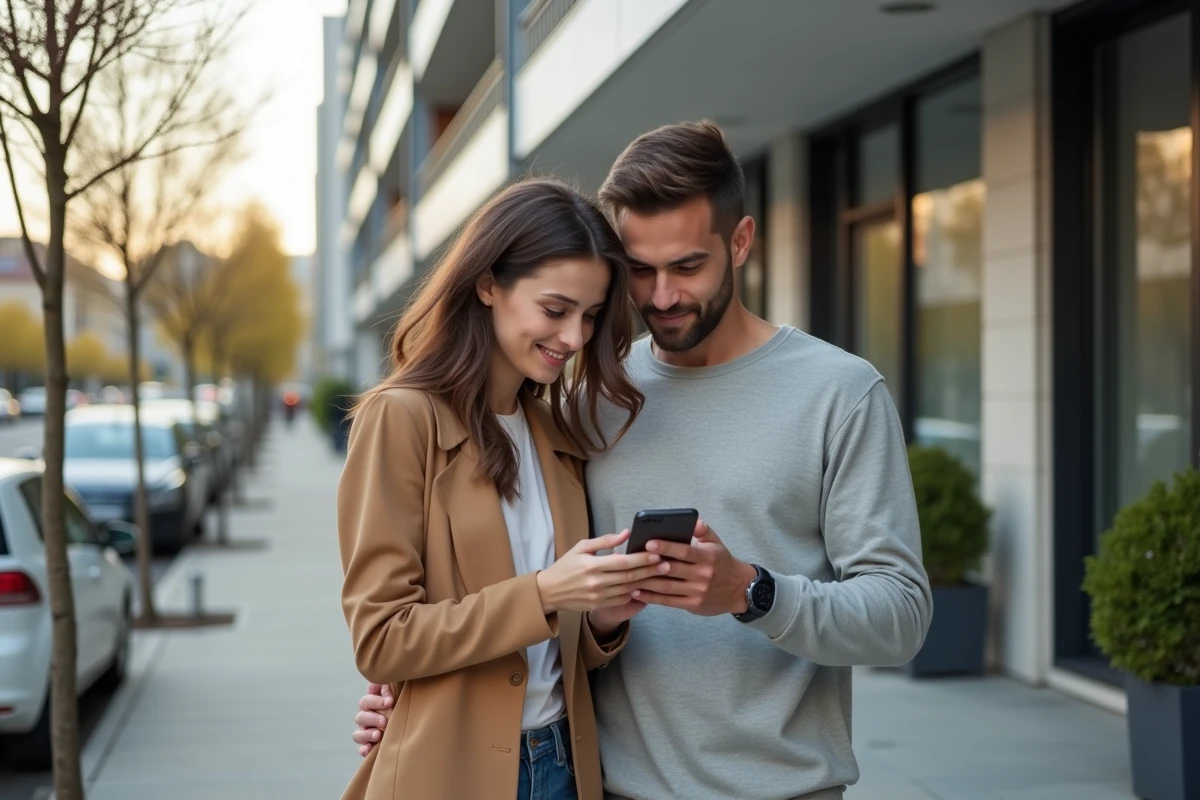Jeune couple utilisant une application mobile devant un immeuble résidentiel pour simplifier une visite immobilière en ligne