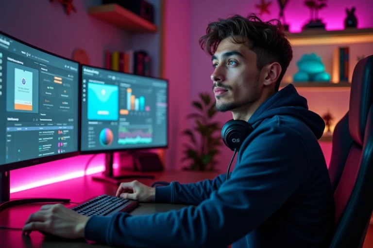 Jeune créateur de contenu en streaming assis à son bureau avec double écran et casque audio, ambiance studio maison moderne