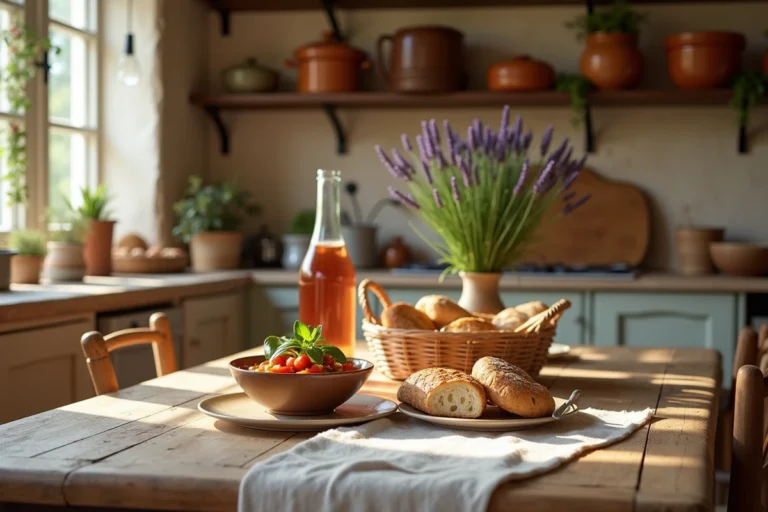 Table provençale rustique dressée pour le déjeuner avec ratatouille maison, pain artisanal et carafe de rosé dans une cuisine en pierre typique de Provence