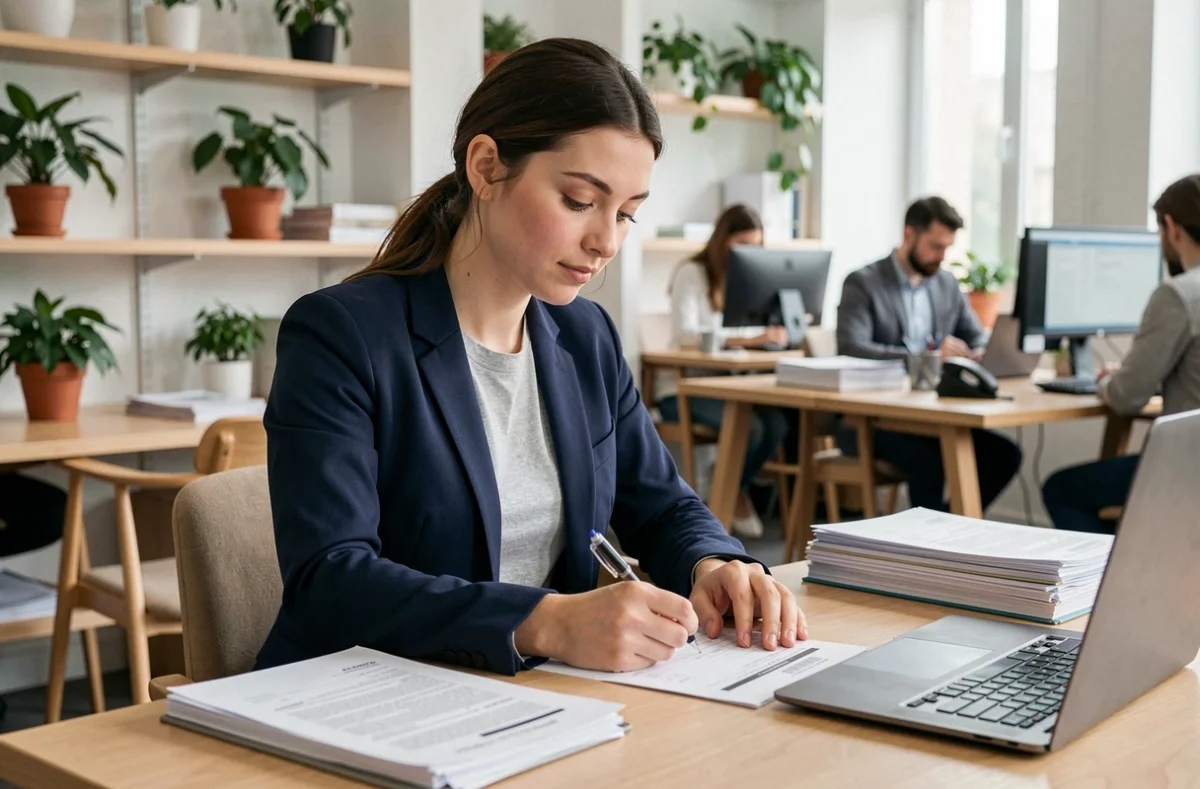 Jeune femme remplissant un formulaire administratif dans un bureau moderne pour déclarer son service civique à Pôle emploi