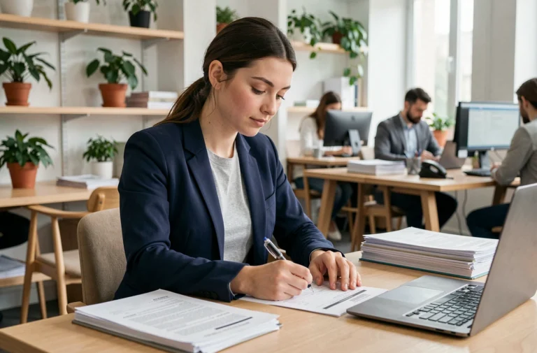 Jeune femme remplissant un formulaire administratif dans un bureau moderne pour déclarer son service civique à Pôle emploi