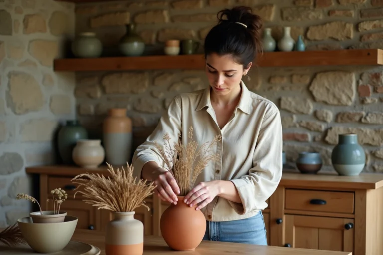 Femme arrangeant des fleurs séchées dans un appartement décoré avec des céramiques artisanales à Bordeaux