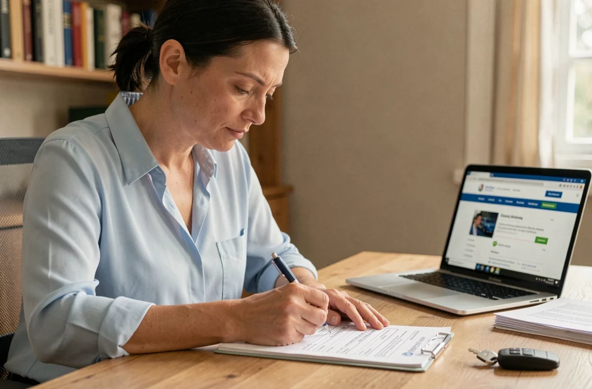 Femme remplissant un formulaire de demande de carte grise à son bureau à domicile