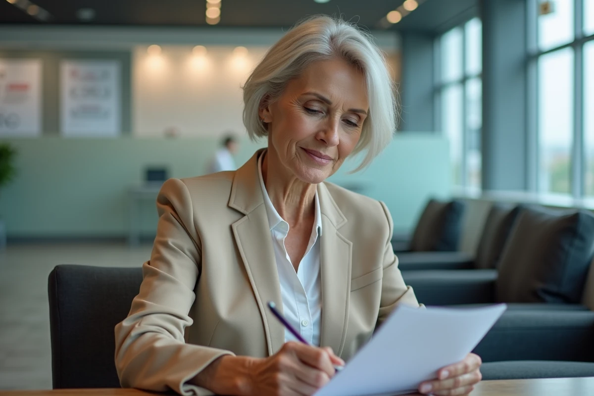 Femme en agence bancaire remplissant un formulaire pour récupérer ses identifiants de connexion La Banque Postale