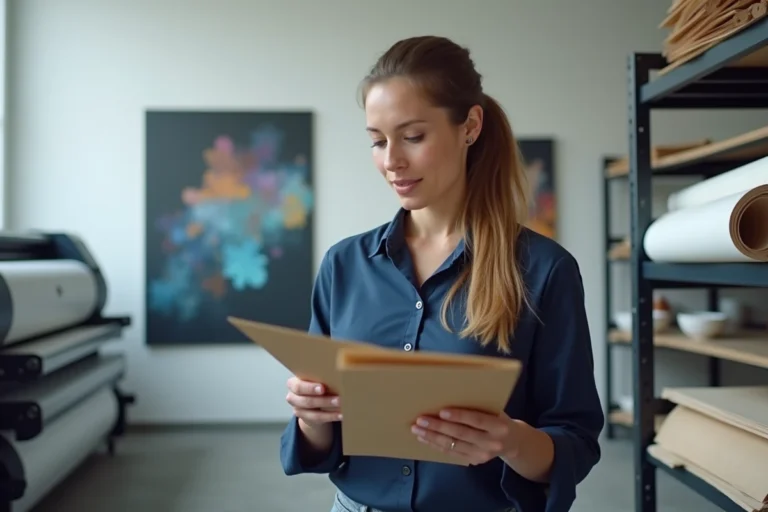 Designer graphique comparant des échantillons de formats d'affiches publicitaires dans un studio d'impression professionnel