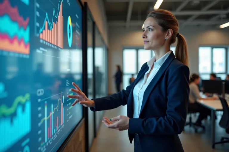 Dirigeante d'entreprise présentant un tableau de bord numérique lors d'une transformation digitale