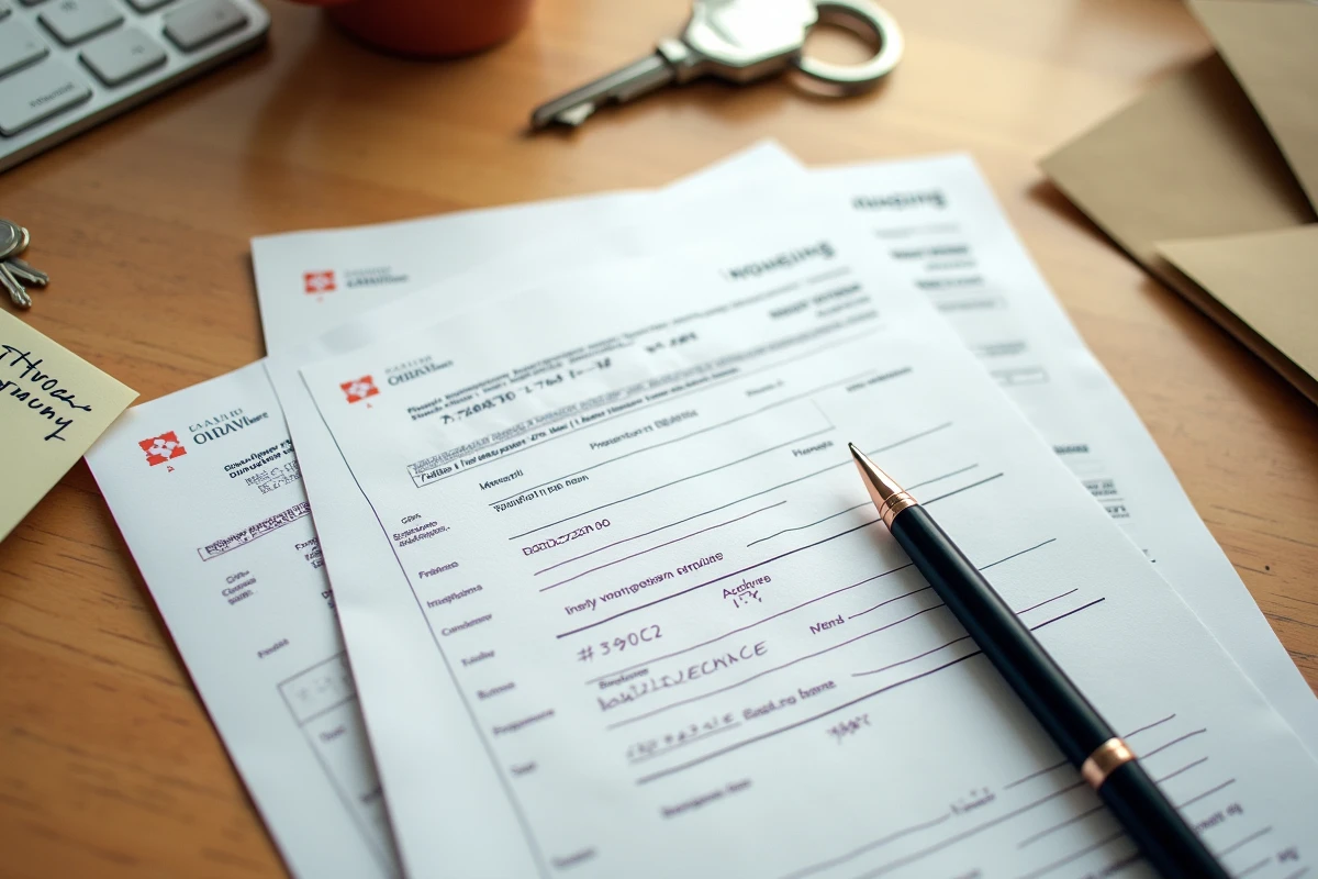 Dossier de demande de logement social ouvert sur un bureau avec formulaires, clés et courrier officiel