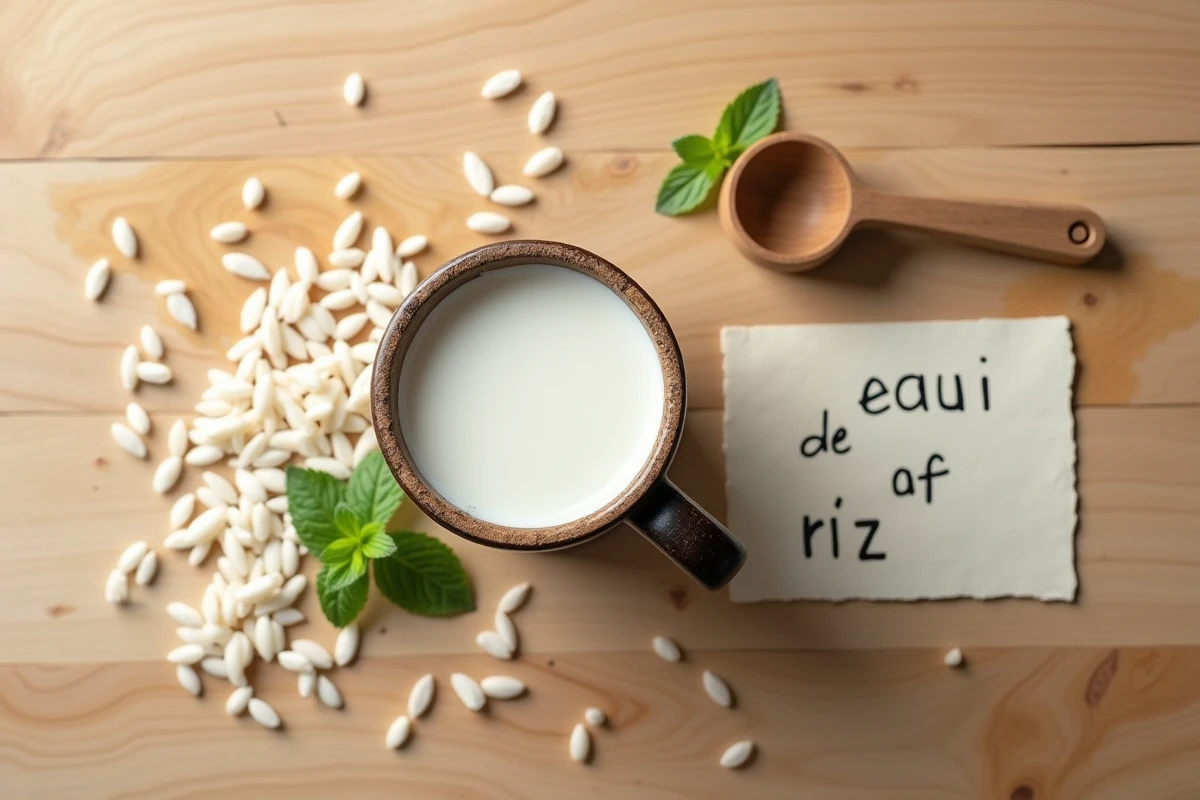 Vue aérienne d'une tasse d'eau de riz avec grains de riz et carte recette sur table en bois
