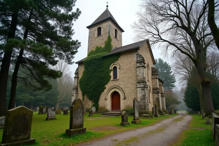 Église romane en pierre du village de Beynat en Corrèze entourée d'arbres et d'un cimetière ancien