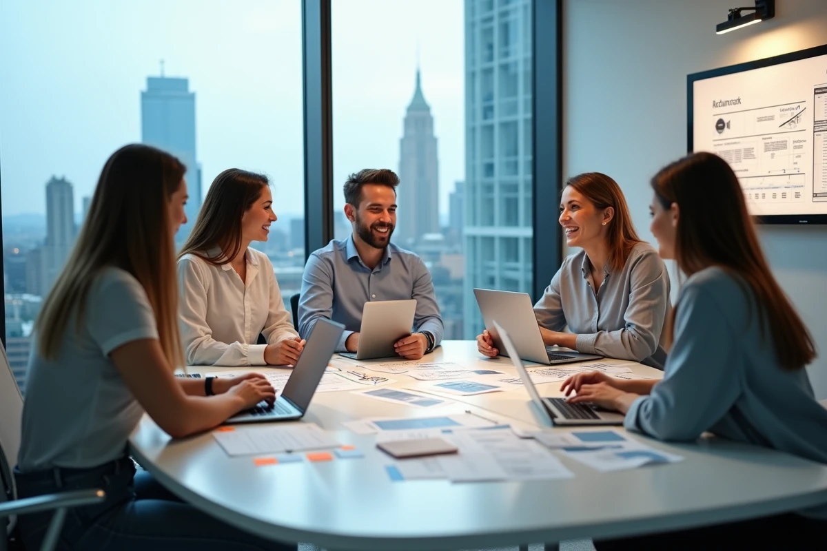 Équipe pluridisciplinaire en réunion stratégique pour piloter la transformation digitale d'une entreprise