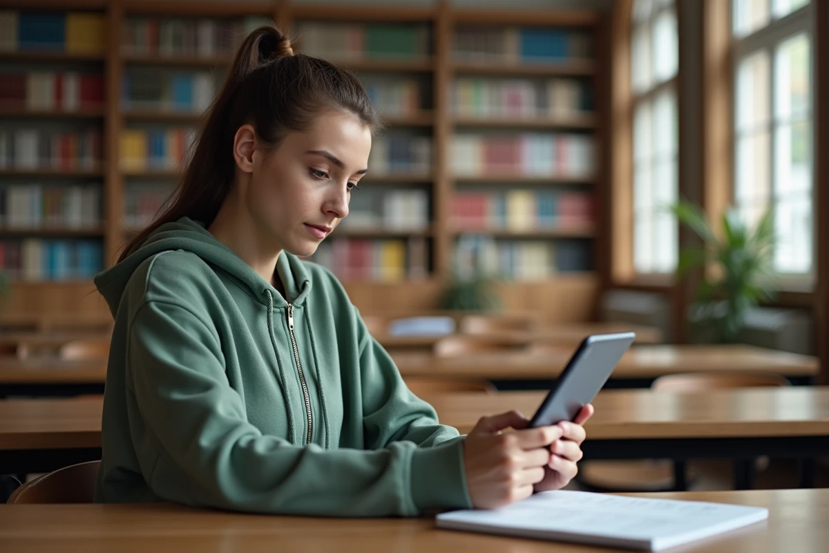 Jeune étudiante consultant un portail administratif sécurisé sur une tablette dans une bibliothèque universitaire
