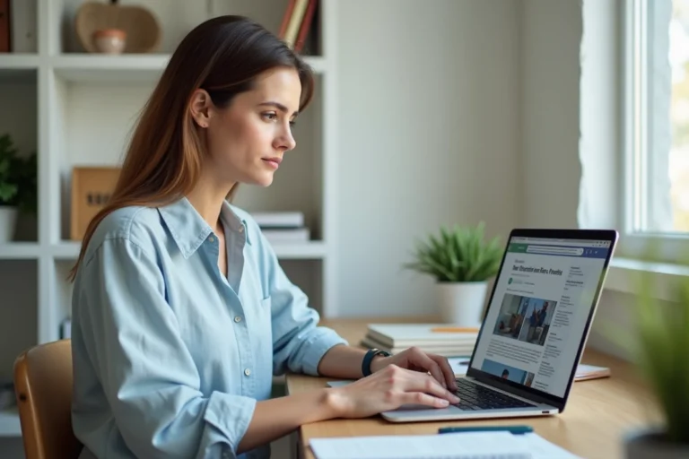 Femme consultant les actualités du site glorianet.org sur un ordinateur portable dans un bureau moderne