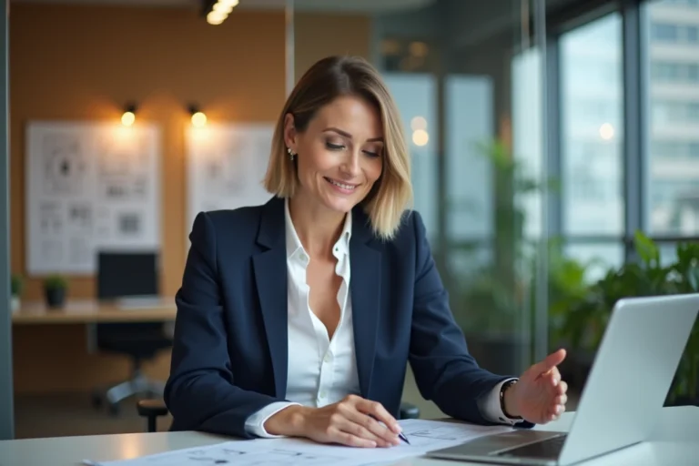 Femme professionnelle dans une agence immobilière moderne consultant des documents numériques sur une tablette pour simplifier ses démarches immobilières