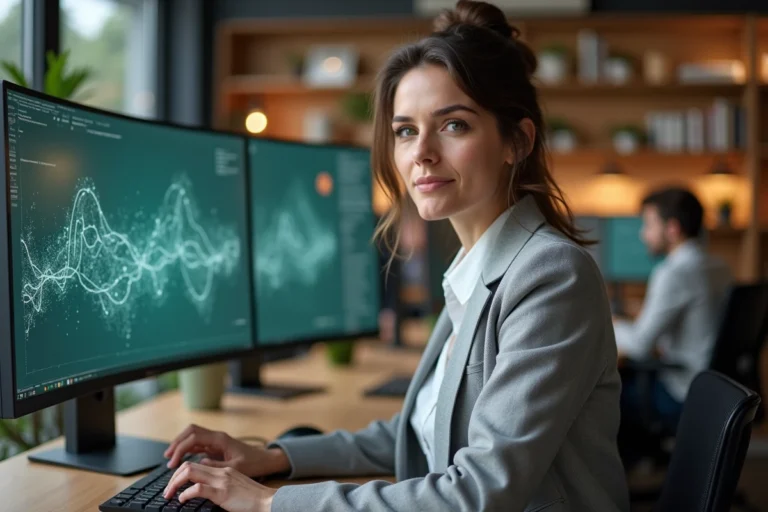 Femme analyste SEO optimisant une campagne de netlinking sur un écran avec graphe de réseau de liens