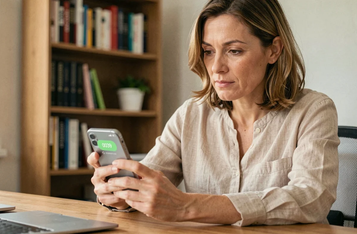 Femme regardant un appel entrant avec l'indicatif 0039 sur son smartphone dans un bureau à domicile