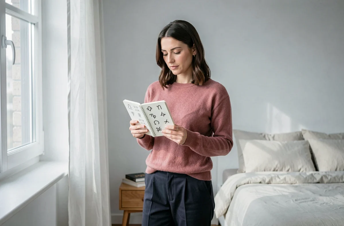 Femme consultant ses notes astrologiques sur la compatibilité par date de naissance dans une chambre minimaliste