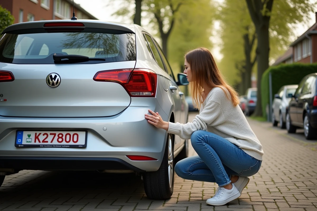 Jeune femme belge posant une plaque sur sa voiture dans une cour résidentielle