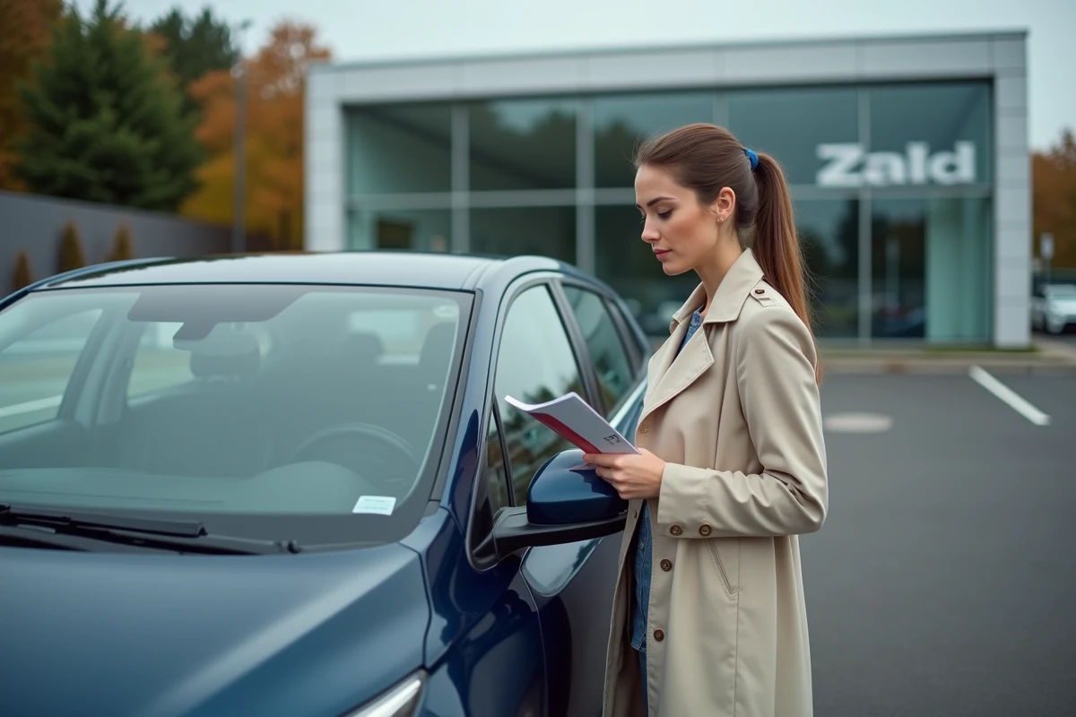 Femme choisissant une voiture 6 CV fiscaux dans un concessionnaire automobile en 2024