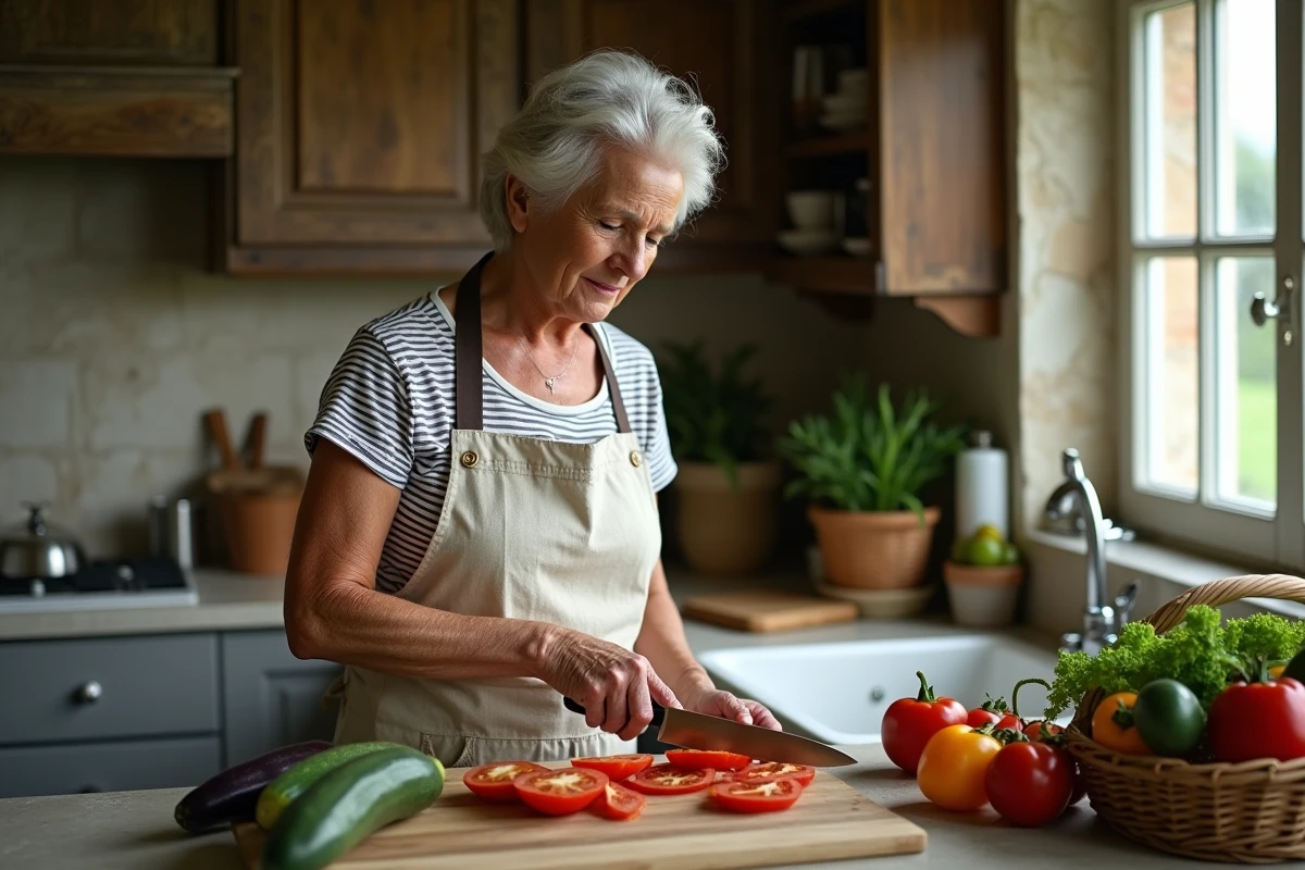 Femme provençale en tablier de lin préparant des légumes frais du marché dans une cuisine authentique en pierre, ambiance conviviale et gourmande