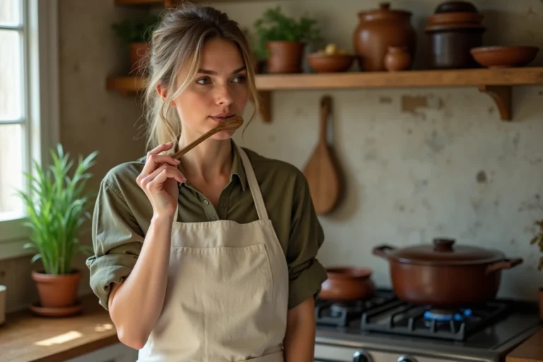 Femme cuisinière en tablier de lin goûtant une sauce dans une cuisine parisienne chaleureuse avec des étagères en bois et des herbes fraîches