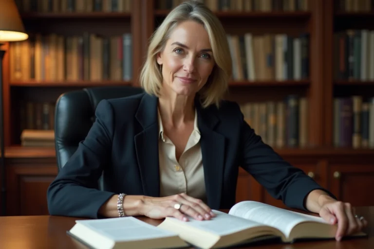 Femme élégante assise à un bureau littéraire entouré de livres, évoquant l'univers d'une compagne d'écrivain célèbre